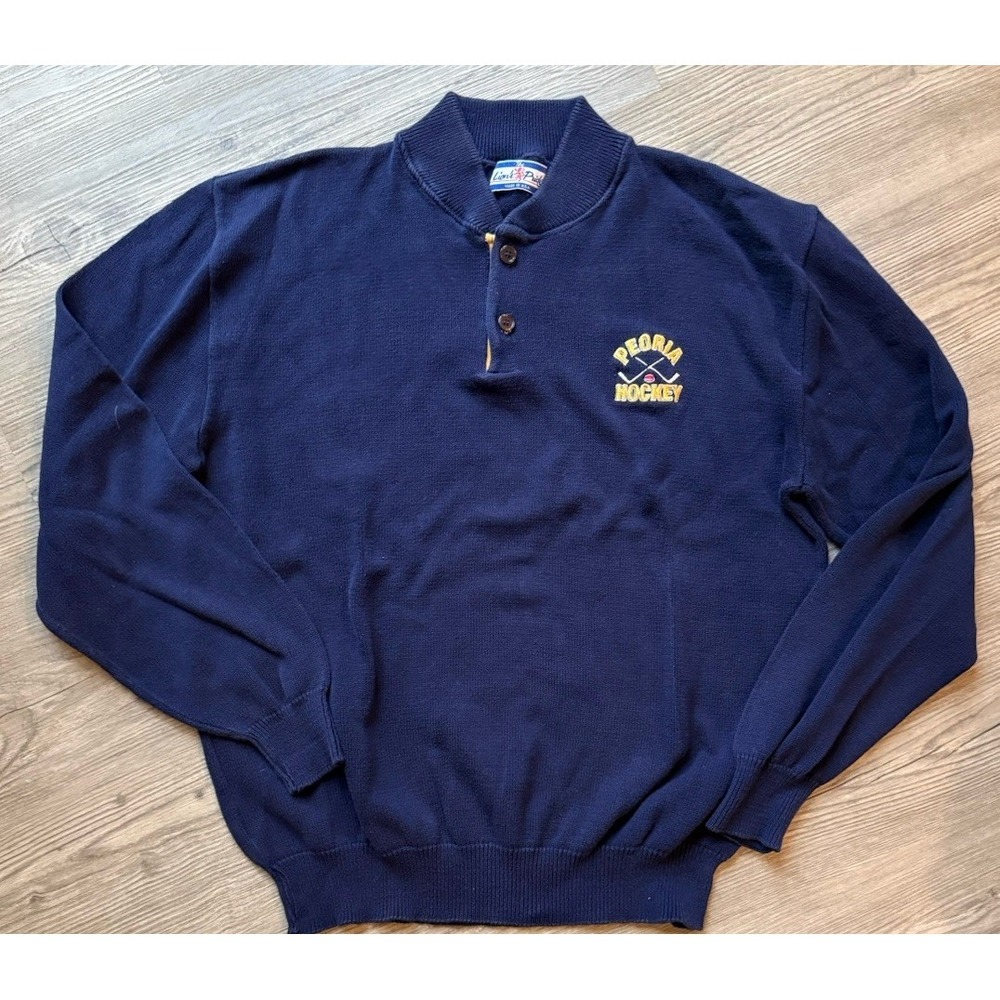 Vintage Peoria Hockey Sweater Lions Pride USA Made Large L Navy Knit Pullover